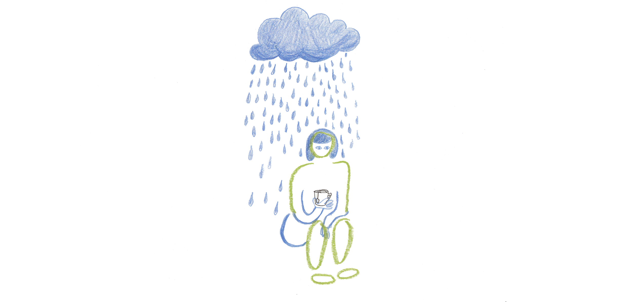 Illustration - Nach Regen folgt Sonnenschein - Frau sitzt mit Teetasse in der Hand, über ihr eine dicke Regenwolke - es regnet.